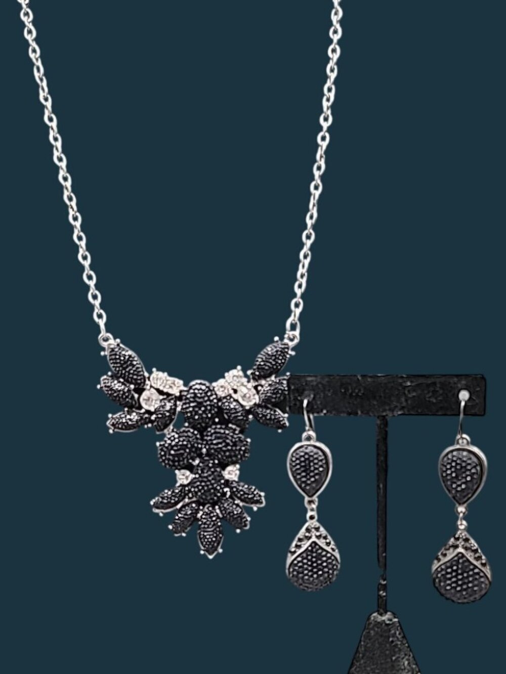 Vintage Black Diamante Rhinestone Accent Necklace & Black Diamante Hook Earrings